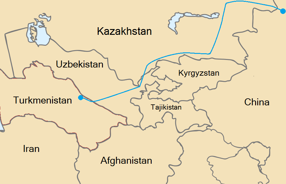 Approximate route of the Central Asia-China pipeline (Users Thingg⊕⊗/Vardion/Ief, via WikimediaCommons CC BY-SA 3.0) Approximate route of the Central Asia-China pipeline (Users Thingg⊕⊗/Vardion/Ief, via WikimediaCommons CC BY-SA 3.0)