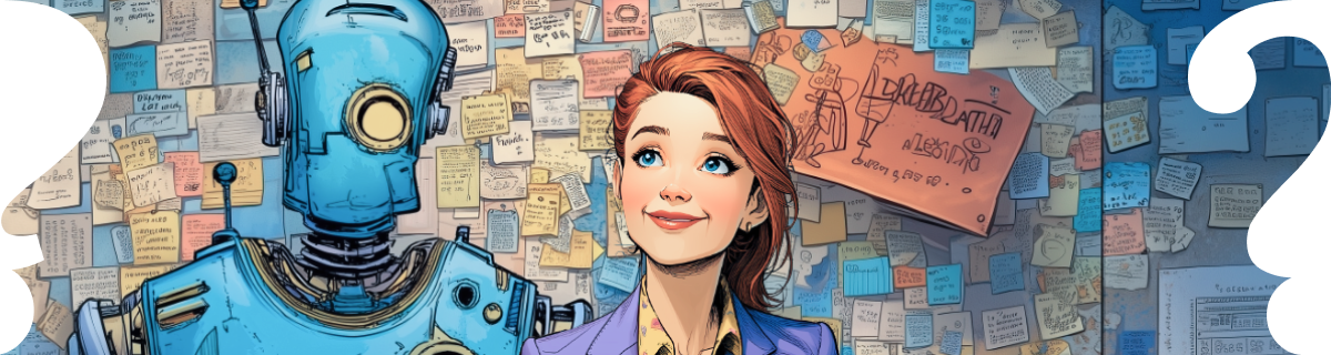 Prompt engineering, AI collaboration, UX brainstorming—blue robot and woman in a suit analyze a wall of sticky notes and design ideas.