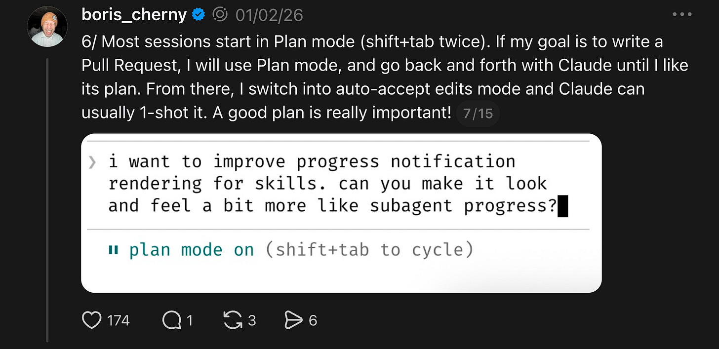 Boris using Plan mode before writing code