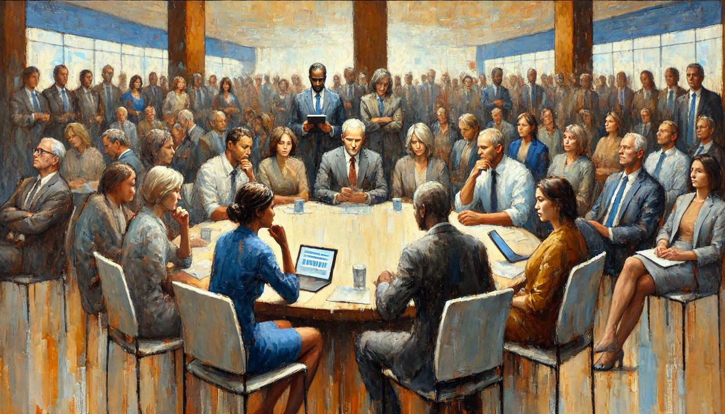 A modern oil painting featuring a racially and gender-diverse group of individuals symbolically representing Democrats during a moment of quiet reflection and regrouping. The scene is set in a contemporary meeting room, with people seated or leaning on tables, surrounded by digital devices, papers, and charts. Their expressions are thoughtful and introspective, conveying a sense of recalibration rather than defeat. The palette includes warm tones of earth colors, soft blues, and grays, creating a serene and hopeful atmosphere. The brushwork is textured, blending traditional oil painting techniques with modern elements, symbolizing resilience and the potential for renewal.