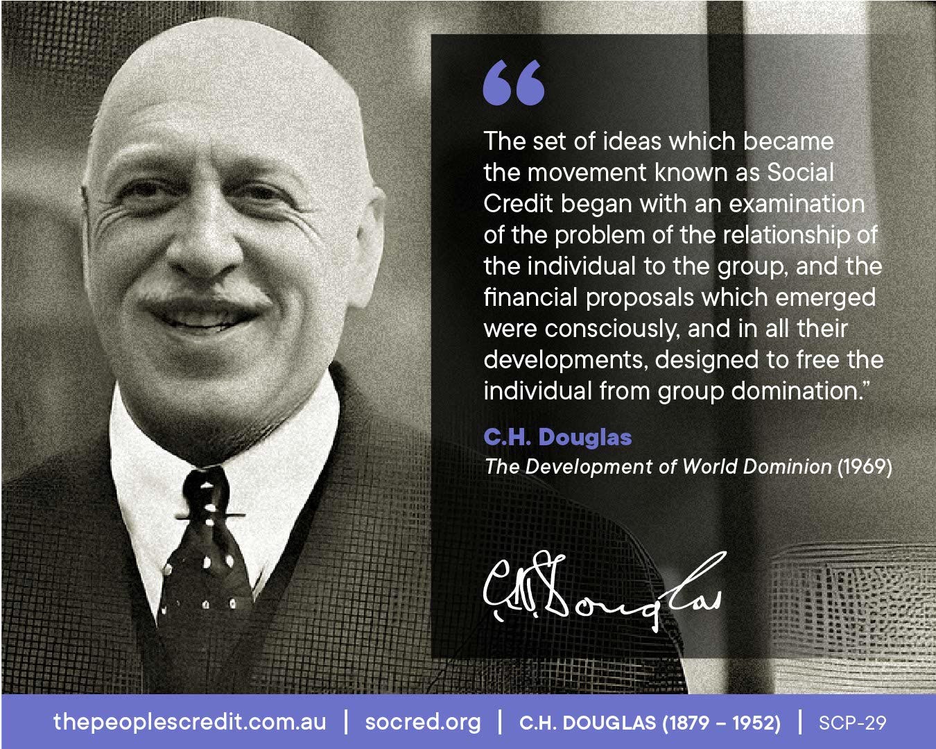 CH Douglas in suit with text overlay