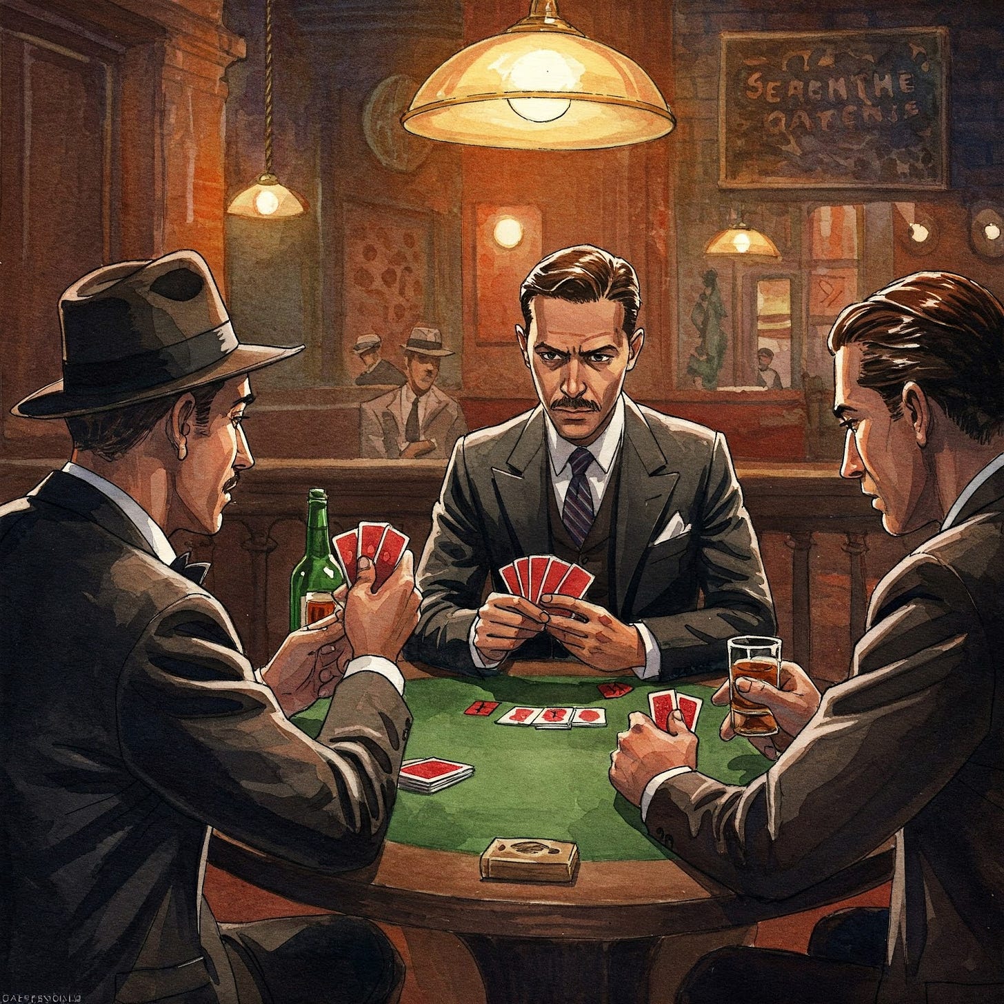 Image 3 card players in a 1920's speakeasy all intent on winning. Image 3 card players in a 1920's speakeasy all intent on winning.