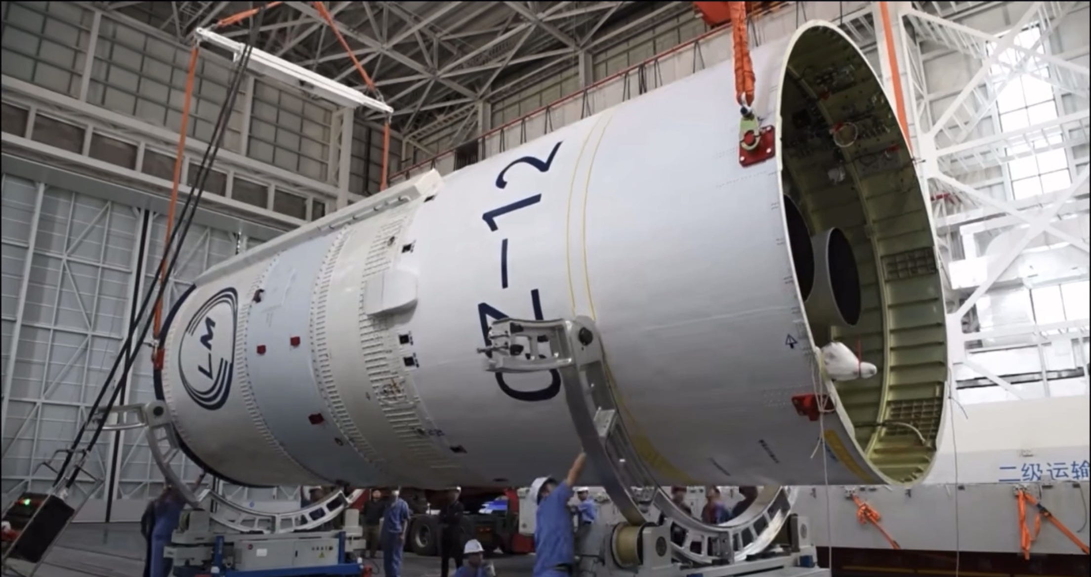 The Long March 12 Y2 vehicle’s second-stage, with two YF-115 engines poking out of the interstage, undergoing launch preparations in July 2025. The Long March 12 Y2 vehicle’s second-stage, with two YF-115 engines poking out of the interstage, undergoing launch preparations in July 2025.