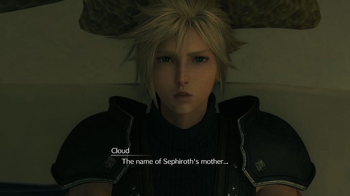 SOLDIER Cloud (Zack) wakes up on the seventh day and goes to check on Sephiroth, alone.