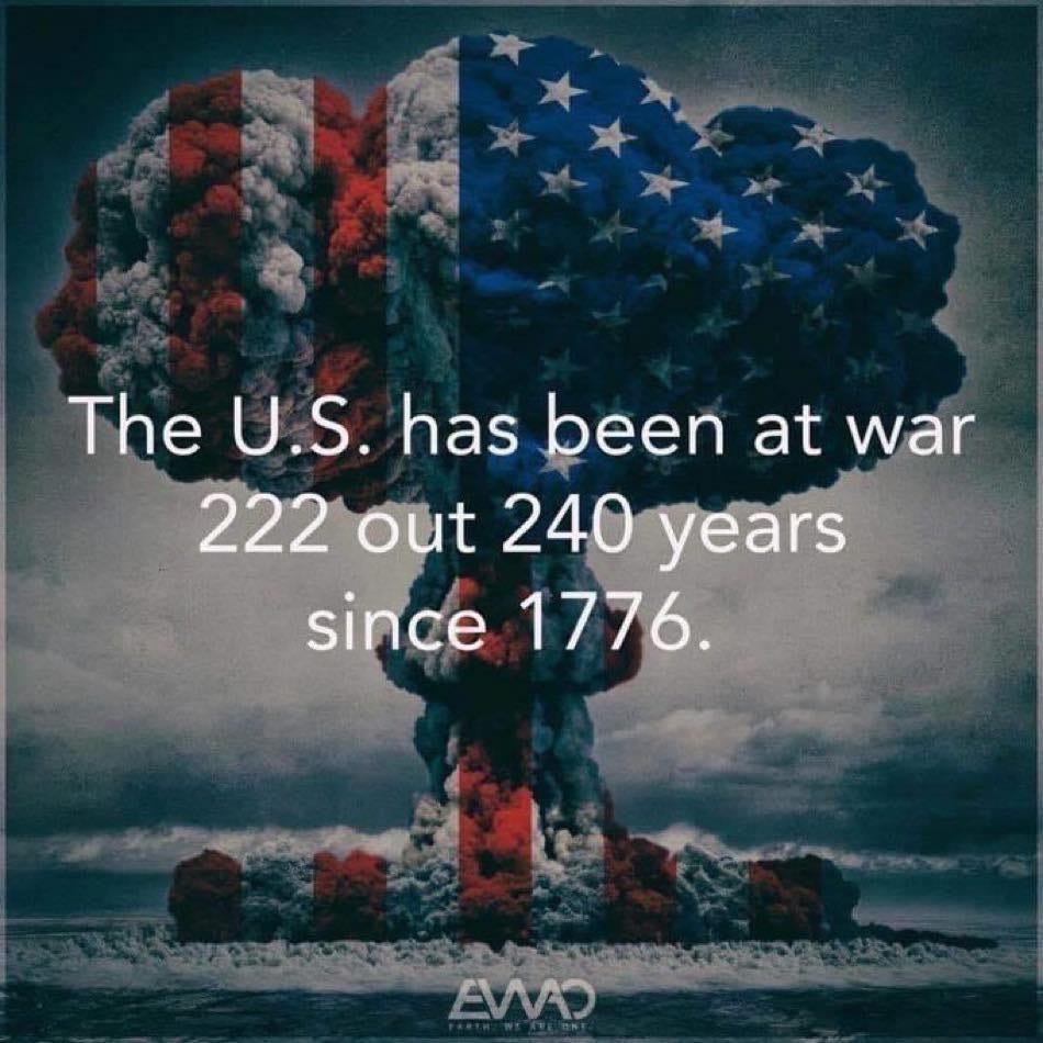 Puede ser una imagen de 1 persona y texto que dice "The U.S. has been at war 222 out 240 years since 1776. EVO"