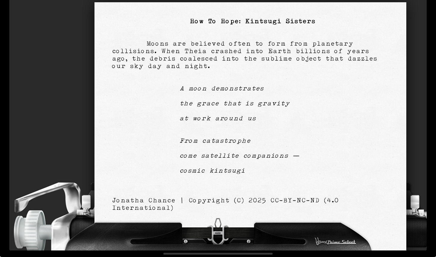 17 sounds from Jonatha Chance rendered upon the Hanx Prime Select virtual typewriter.