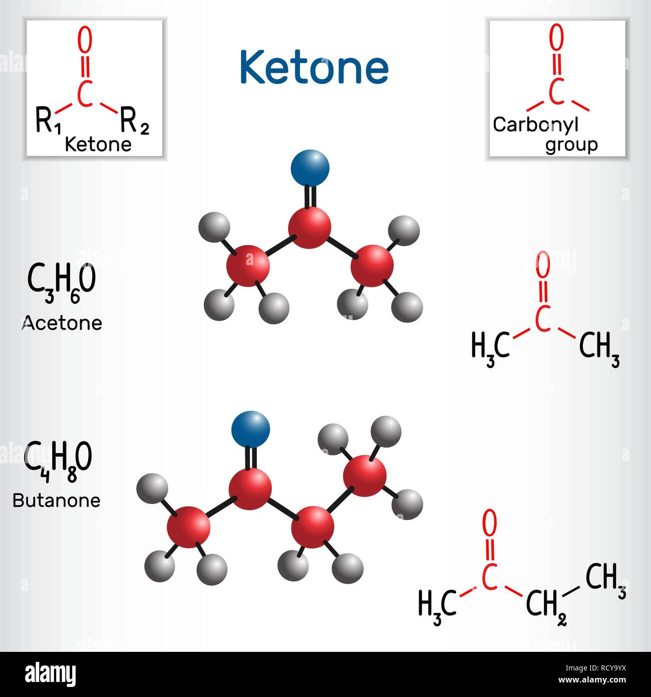 Ketone (alkanone). Acetone and butanone ( methyl ethyl ketone) molecule - structural  chemical formula and model. Vector illustration Stock Vector Image & Art -  Alamy