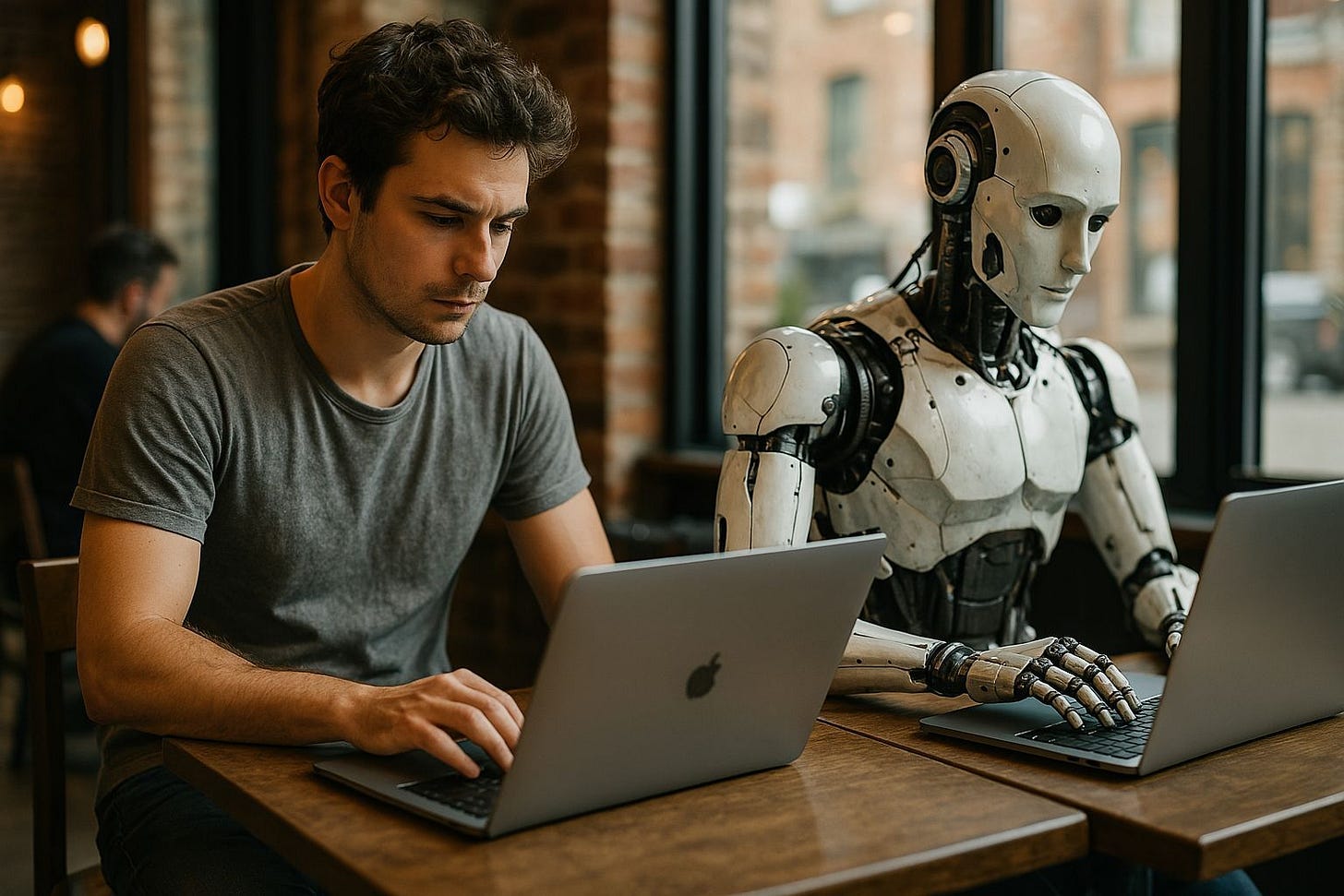 Entrepreneur Working in a Cafe with Robot