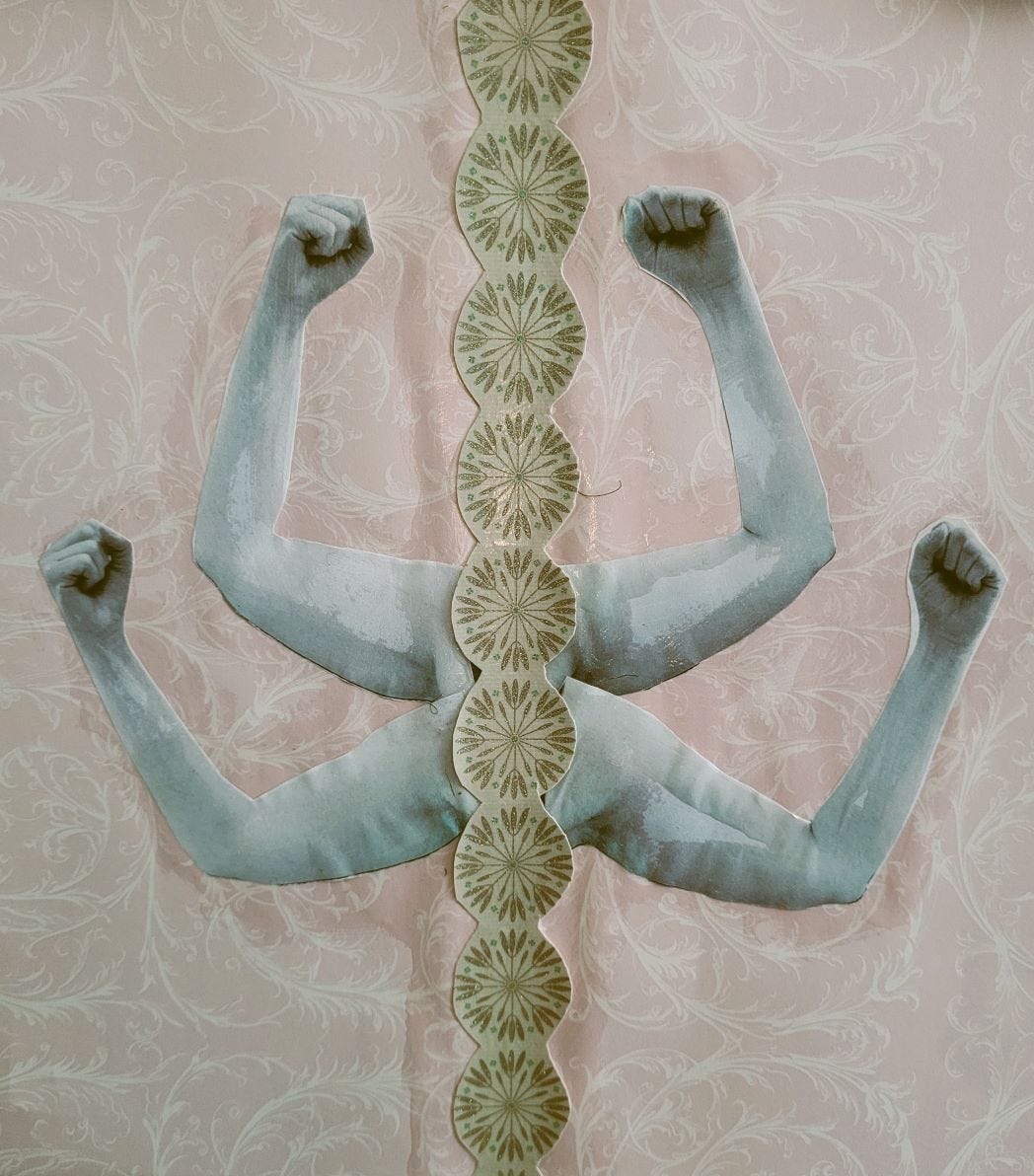 a light pink background with a cut out of circles going down the center. Two sets of cut-out arm pictures on each side of the circles.