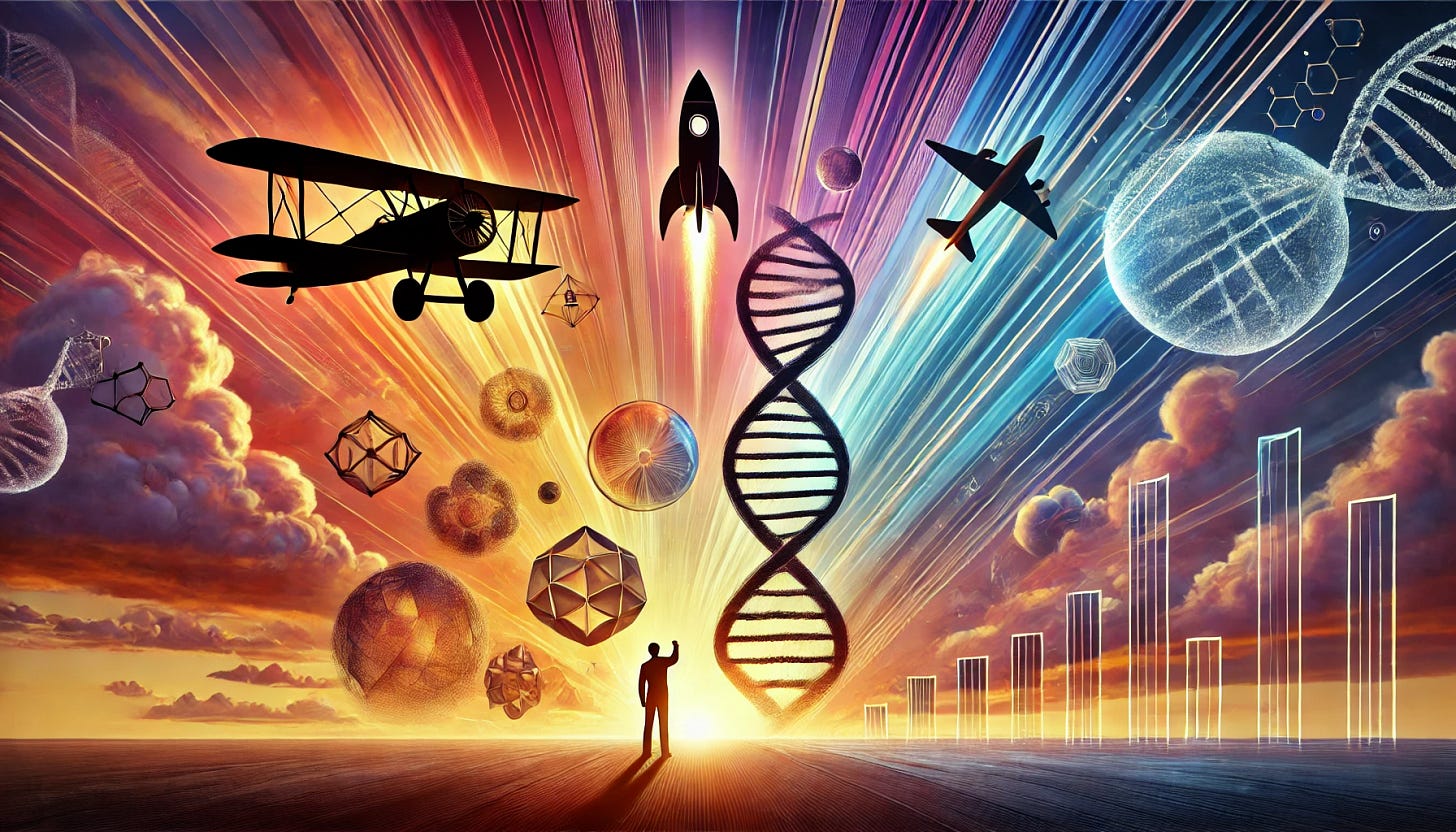 A vibrant hero image symbolizing innovation through uncertainty. The background features a dramatic sky with vibrant sunrise colors transitioning from warm oranges and yellows near the horizon to cool purples and blues at the edges. In the foreground, multiple translucent symbolic silhouettes are layered: an early airplane, a double-helix of DNA, and a small rocket launching upward with a visible trajectory arc. A silhouette of a person stands at the bottom center, gazing upward or reaching out toward the symbols, symbolizing human curiosity and ambition. The overall atmosphere conveys hope and dynamism, with subtle motion effects around the objects to suggest energy and progress. Reserve space near the top for a tagline like 'Uncertainty Fuels Innovation'.
