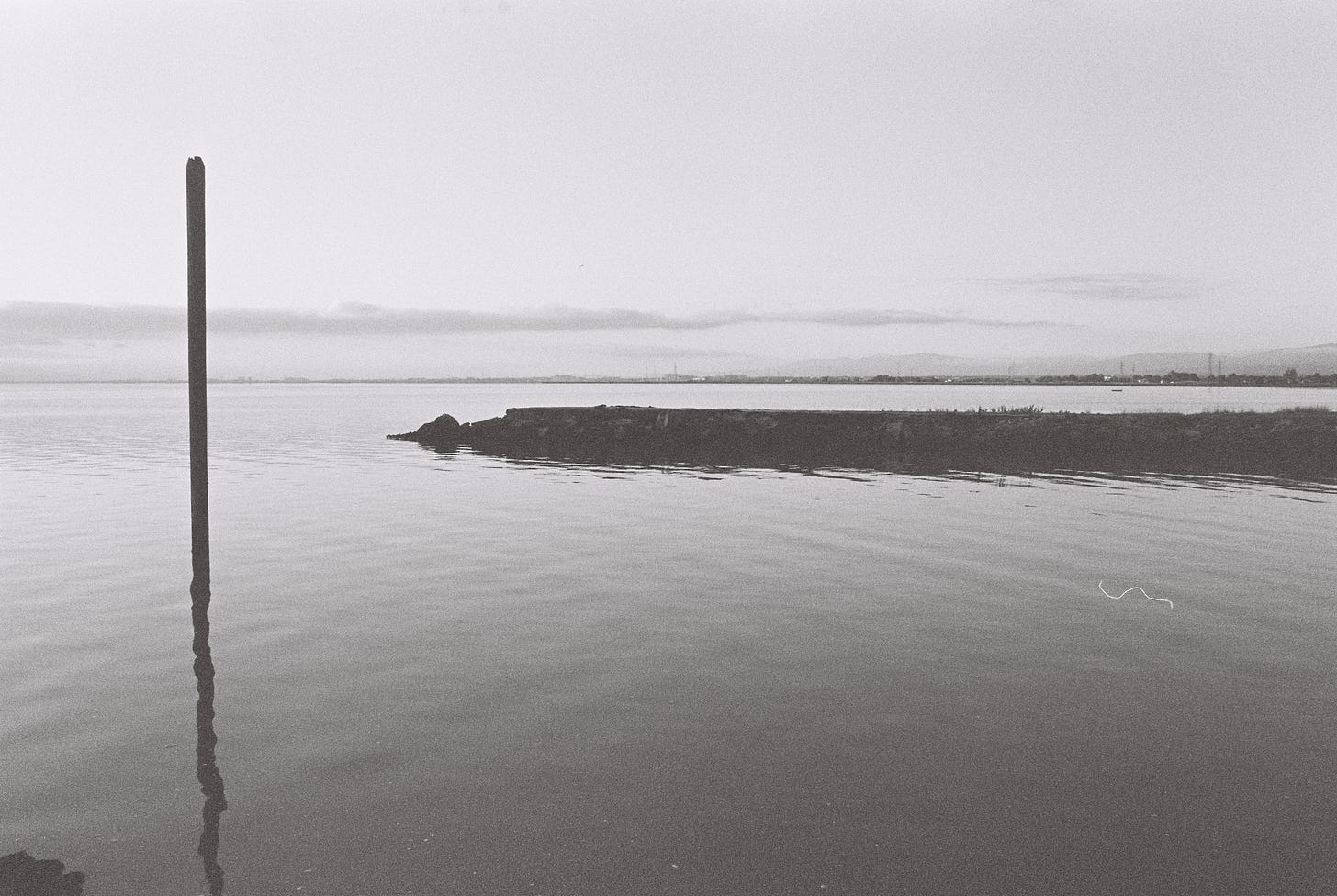 Black and white film photo of shoreline with pole rising from water