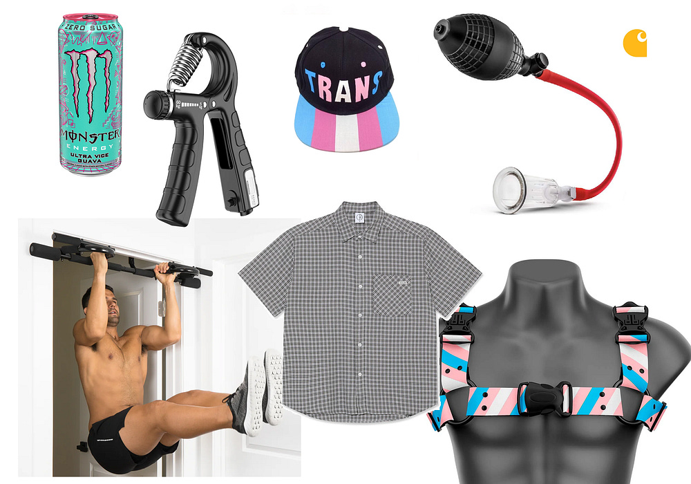 A Monster energy guava, a trans flag snapback, a forearm developer, a clit pump, a carhart logo, a Polar Skate co button up, a trans flag bulldog harness, and a pull up bar.