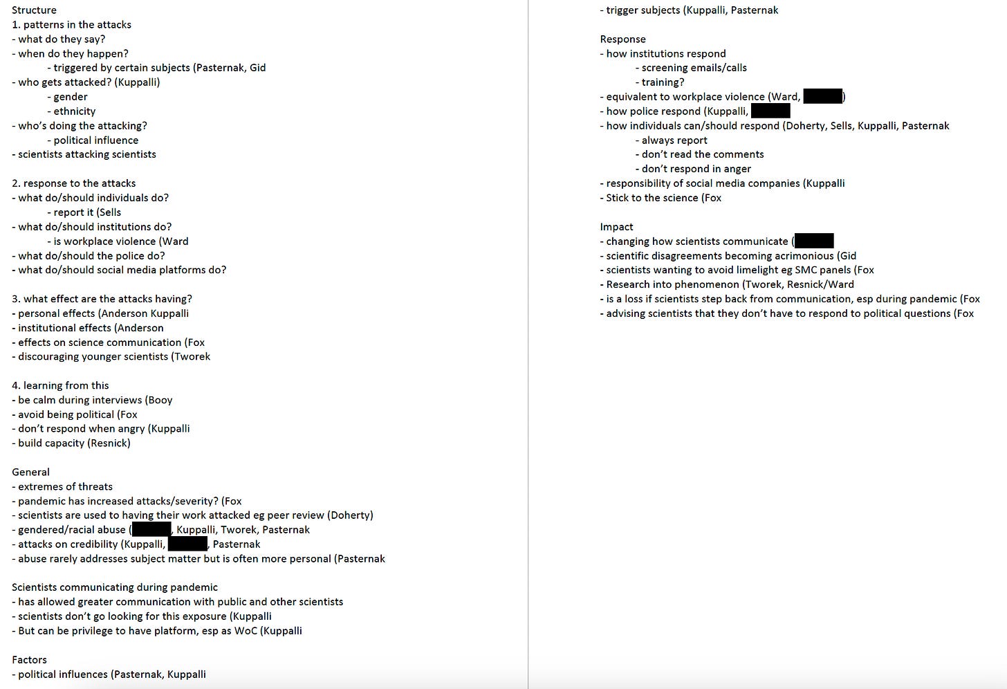 Word document feature outline of story with interviewee names assigned to particular topics.