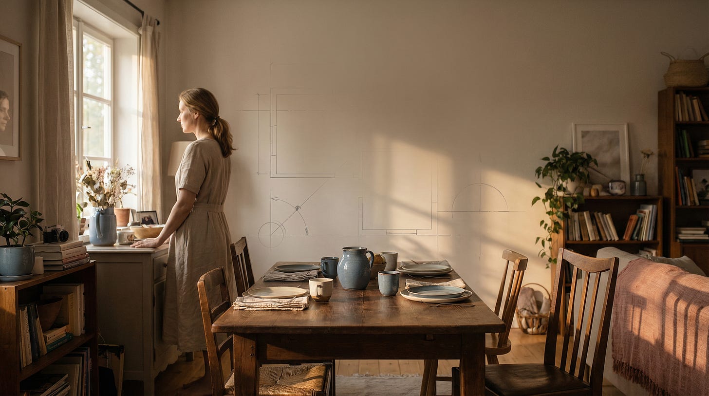 AI Image - A woman stands by a window in a softly lit dining room, looking out thoughtfully. A set table sits behind her, with faint blueprint lines sketched on the wall, symbolizing structure and design.