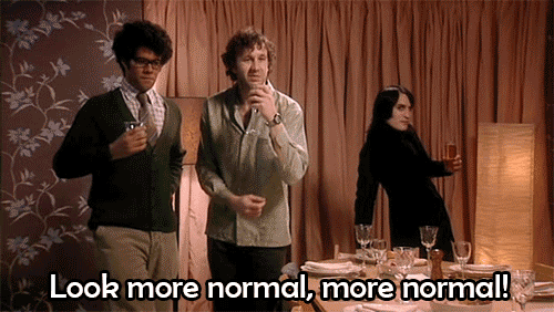 The IT Crowd boys attempting to act casual by striking awkward poses
