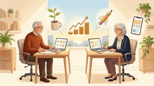 A senior man and woman sitting across from each other with laptops, working on their businesses. A senior man and woman sitting across from each other with laptops, working on their businesses.