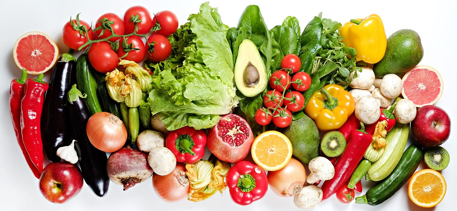 Array of colorful fruits and vegetables Array of colorful fruits and vegetables