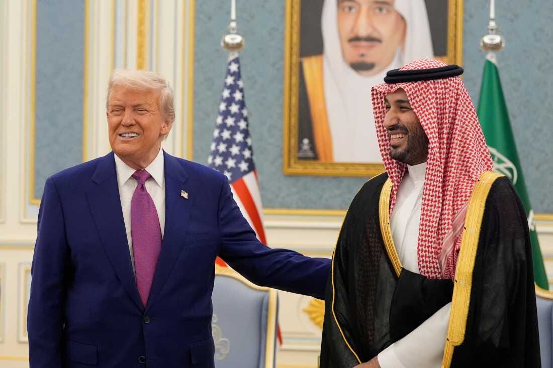 FILE - President Donald Trump and Saudi Crown Prince Mohammed bin Salman gesture as they meet delegations at the Royal Palace in Riyadh, Saudi Arabia, May 13, 2025. (AP Photo/Alex Brandon, File) FILE - President Donald Trump and Saudi Crown Prince Mohammed bin Salman gesture as they meet delegations at the Royal Palace in Riyadh, Saudi Arabia, May 13, 2025. (AP Photo/Alex Brandon, File)
