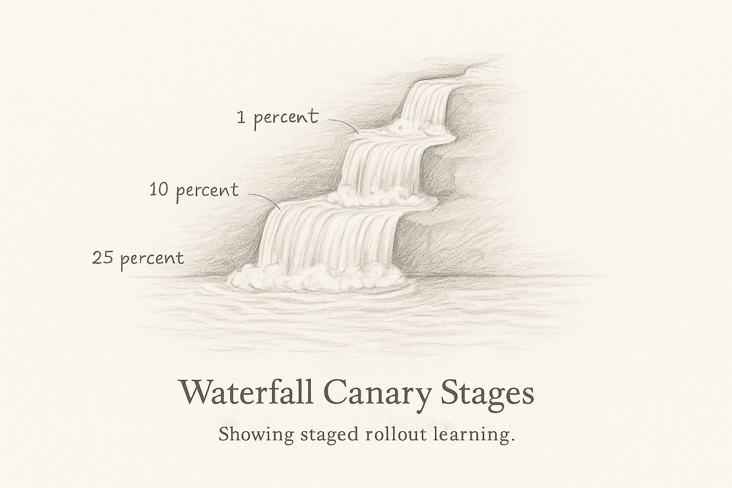 A waterfall flowing through several tiers, symbolising staged learning