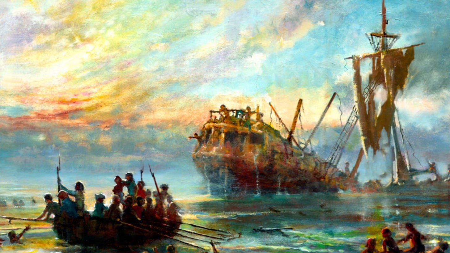 The HMS Pandora sinks on the reef, 1791.