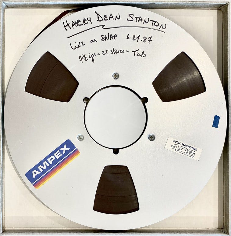 Photo of Ampex tape of Harry Dean Stanton's 1985 performance on KCRW Snap program