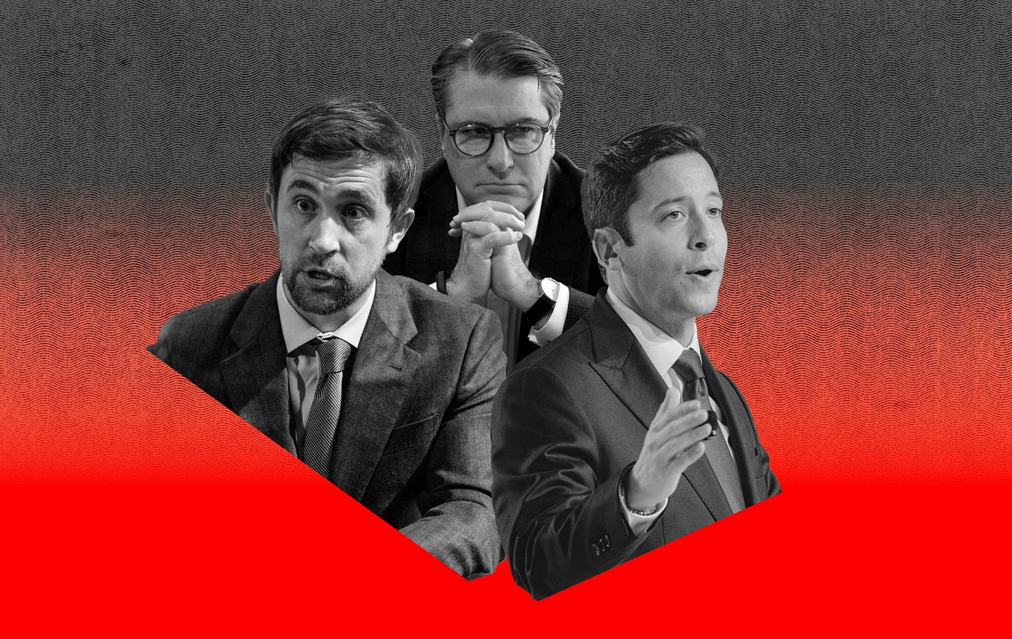 Three men in business suits are positioned against a red and gray gradient background, with the man on the left appearing animated, the man in the center wearing glasses with a contemplative expression, and the man on the right gesturing while speaking. Three men in business suits are positioned against a red and gray gradient background, with the man on the left appearing animated, the man in the center wearing glasses with a contemplative expression, and the man on the right gesturing while speaking.
