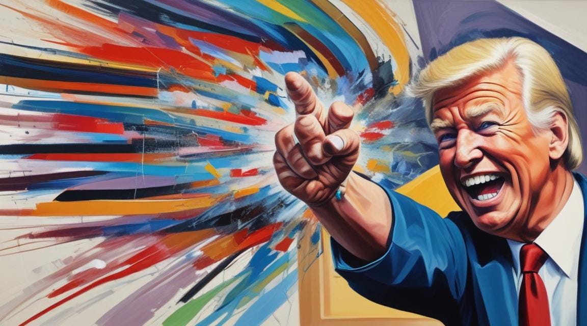 Trump/Biden hybrid makes mutant hand gesture against violent colorful background