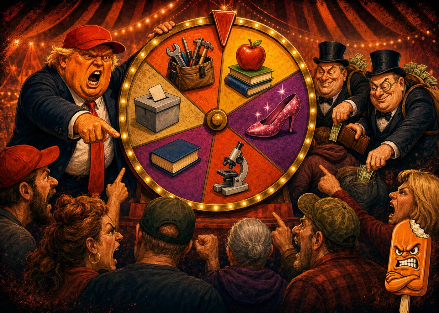 An orange-faced political showman spins a carnival wheel filled with symbols of MAGA’s recurring targets while two wealthy men quietly steal money from the distracted crowd.
