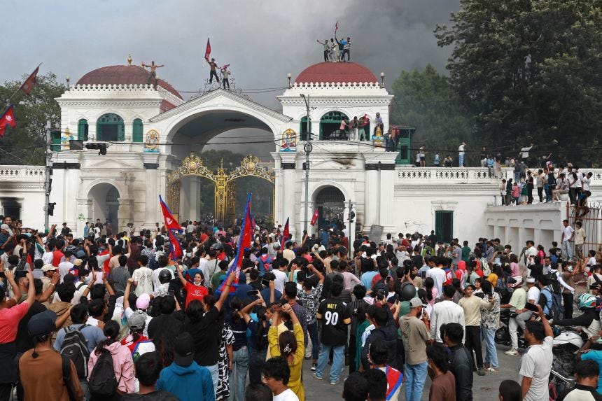 Protesters gather at a Nepali government building in Kathmandu, Nepal on September 9.
