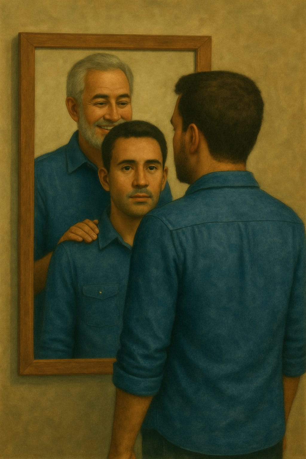 a man looking at his younger self in the mirror and learning from his mistakes to become a real man