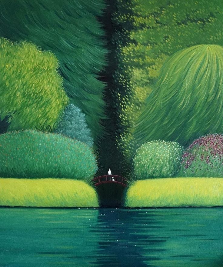 This may contain: a painting of a person on a small boat in the middle of a lake surrounded by trees