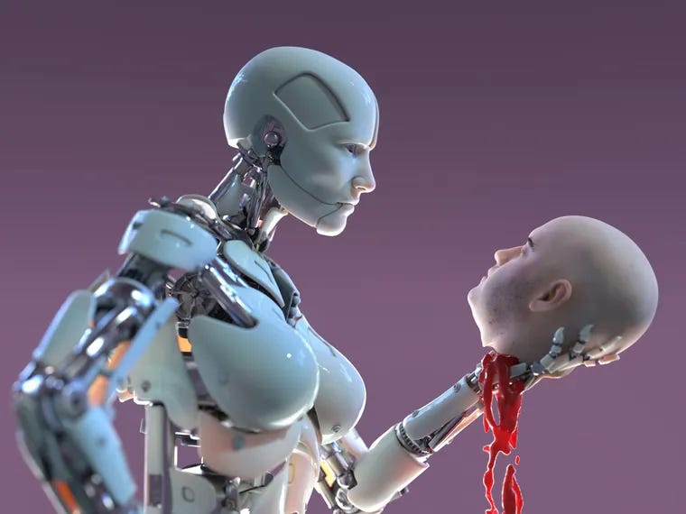 Un robot doté d'intelligence artificielle tenant symboliquement une tête d'humain.