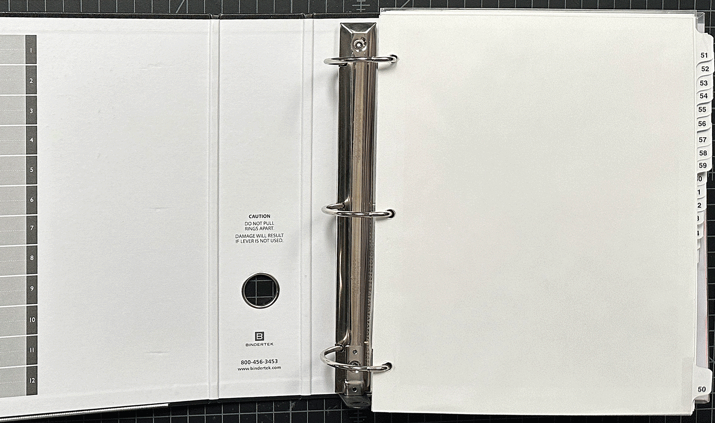 Animated gif cycling through photographs of an open binder. Binder contents: tabs, class notes, sketches, gelli prints.