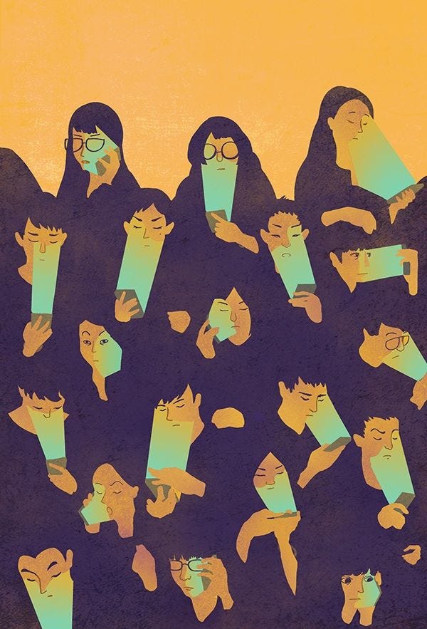 This may contain: a group of people with long hair and glasses are surrounded by paper cutouts in the shape of faces