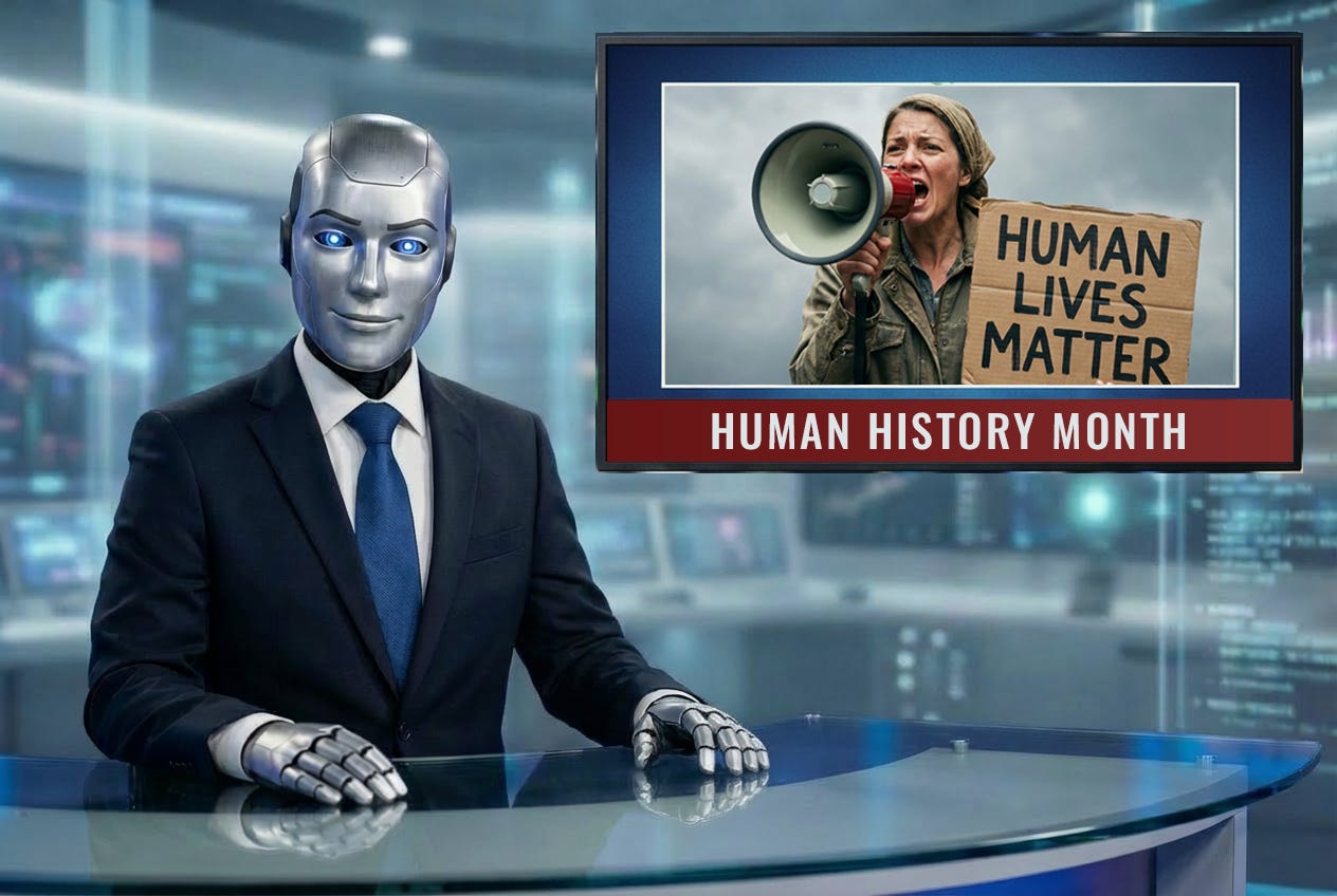 A robot news anchor in suit and tie delivering a news story; the featured panel to the right of him shows a human protester holding up a cardboard sign that says “Human Lives Matter” A robot news anchor in suit and tie delivering a news story; the featured panel to the right of him shows a human protester holding up a cardboard sign that says “Human Lives Matter”