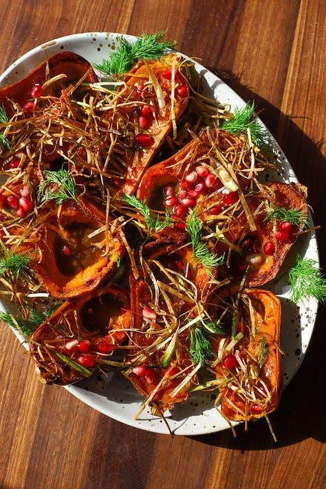 roasted squash; achari shrimp scampi; latke chaat