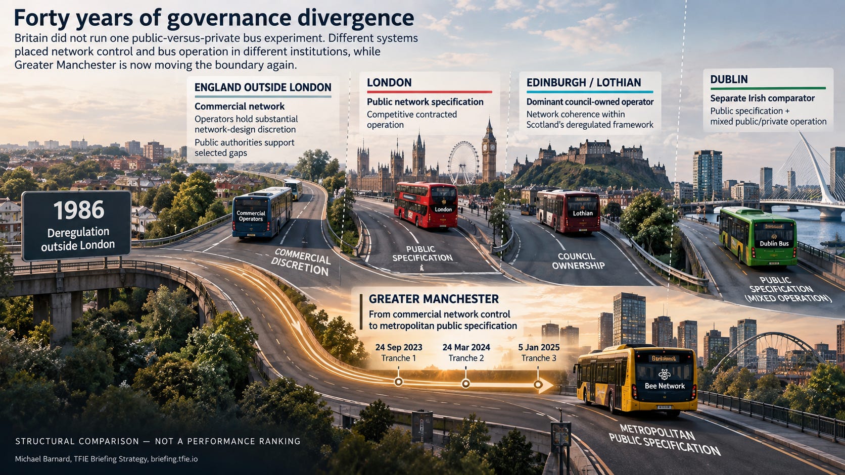 Illustrated institutional comparison of England outside London, London, Edinburgh/Lothian and Dublin. The systems combine network specification and bus operation differently. A Greater Manchester branch shows staged movement from commercial network discretion to metropolitan public specification. Structural comparison, not a performance ranking.Institutional comparison of England outside London, London, Edinburgh/Lothian and Dublin, showing different combinations of network specification and bus operation. Greater Manchester is moving from commercial network control toward metropolitan public specification through franchising. Structural comparison, not a performance ranking.