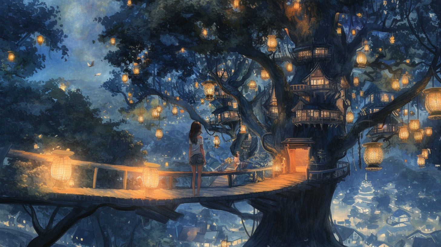 A woman standing before a massive treehouse built high into the branches of an ancient tree, surrounded by forest.