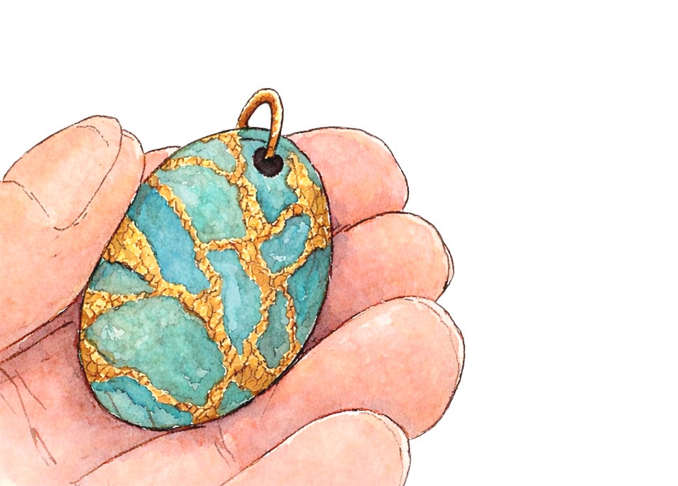 A watercolor painting of a hand holding a kintsugi-style pendant made from broken blue-green stone, repaired with gold lines, symbolising healing and restoration.