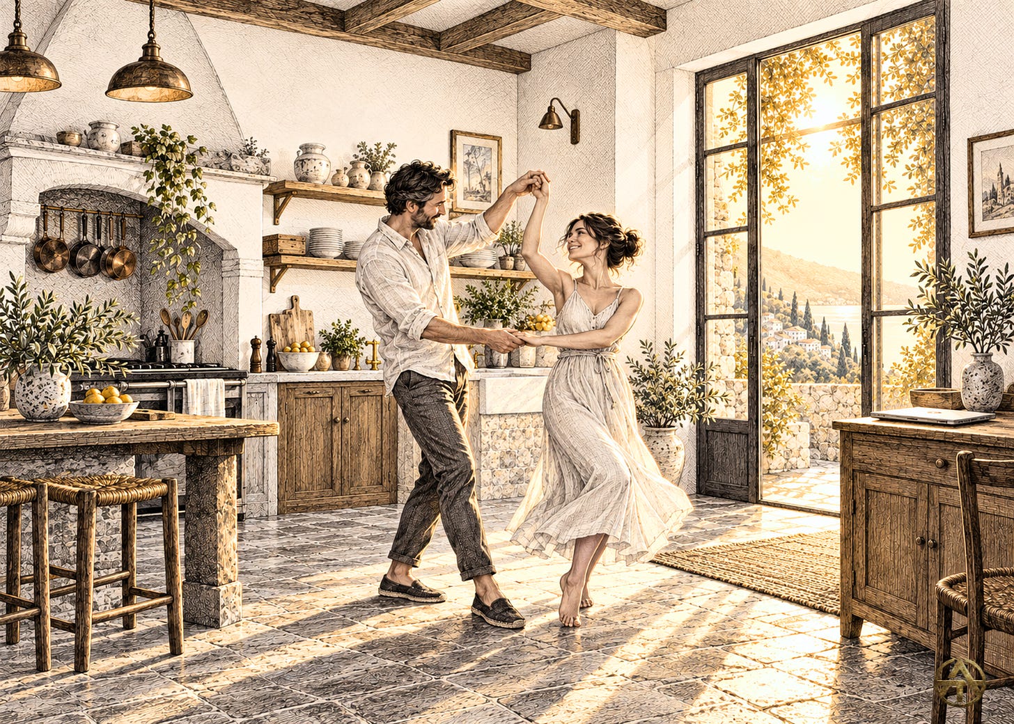 A man and woman dance in a sunlit kitchen, with a closed laptop resting on a sideboard behind them. A man and woman dance in a sunlit kitchen, with a closed laptop resting on a sideboard behind them.
