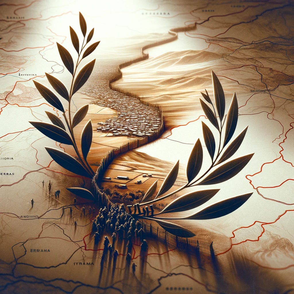 An abstract representation of the contested border town of Badme, symbolizing the ongoing territorial dispute between Eritrea and Ethiopia. The scene An abstract representation of the contested border town of Badme, symbolizing the ongoing territorial dispute between Eritrea and Ethiopia. The scene
