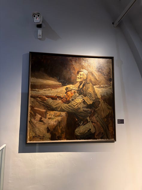 Vienna's Military History Museum with the car on which Franz Ferdinand was assassinated and his blood-stained uniform with the bullet hole visible. Also saw one of the most famous WWI paintings, Death and the Soldier (1917) by Hans Larwin