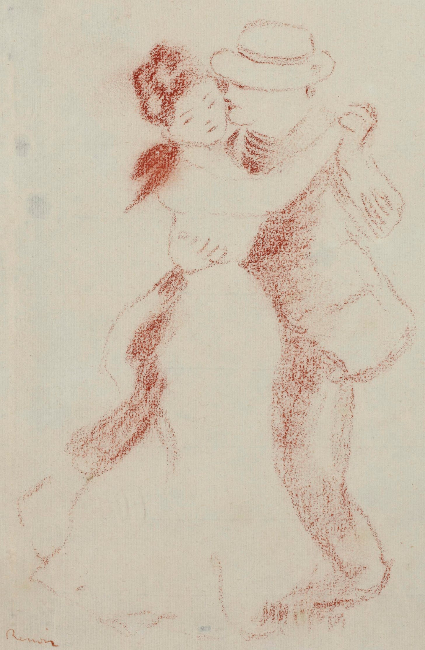 A red chalk drawing of the couple turning, the woman's head close to the man's face, his features shaded by a hat. A red chalk drawing of the couple turning, the woman's head close to the man's face, his features shaded by a hat.