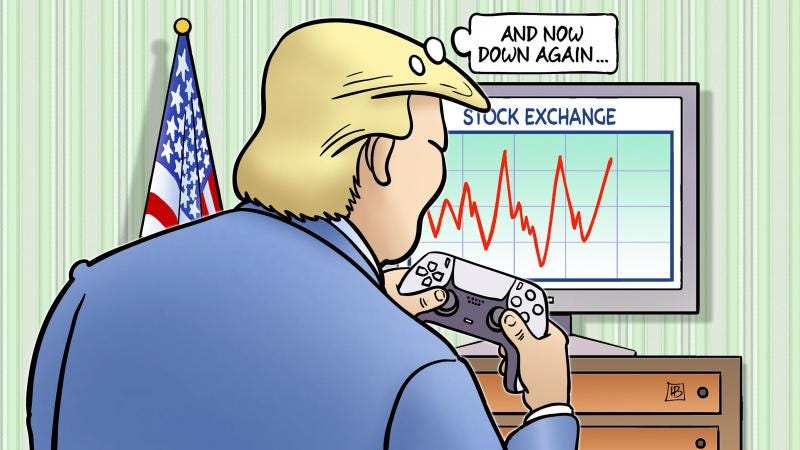 Cartoon showing Trump with a game controller standing in front of a screen that shows a stock exchange graph wildly fluctuating. A thought bubble reads 'And now down again...'