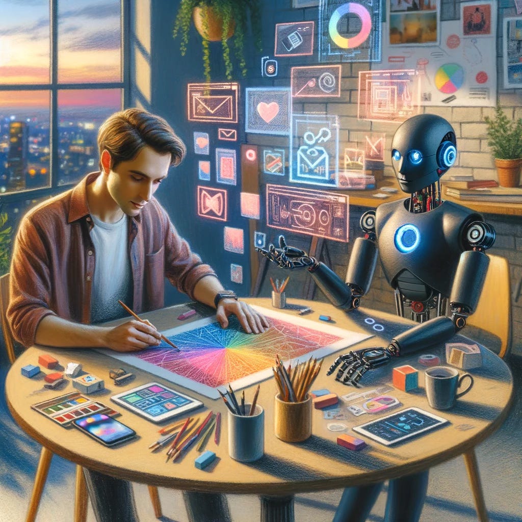 Image generated with DALL-E 3 and depicting a human and a robot designer