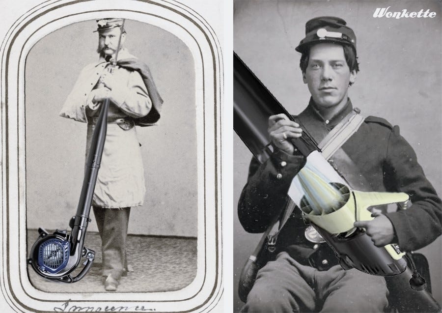 Wonkette photoshop of civil war photos, showing a confederate soldier standing with a gas leaf blower, his hands grasping its 'barrel.' and a Union soldier cradling an electric leaf blower like a rifle. Wonkette photoshop of civil war photos, showing a confederate soldier standing with a gas leaf blower, his hands grasping its 'barrel.' and a Union soldier cradling an electric leaf blower like a rifle.