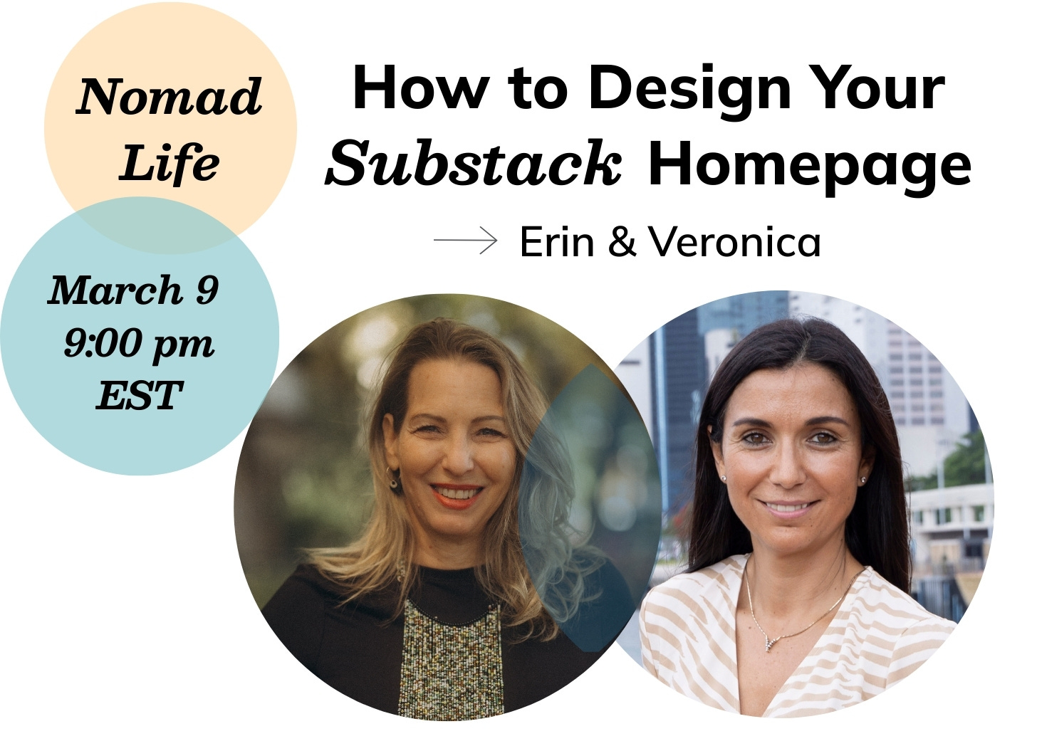 Two professional-looking women are featured in overlapping circles; a white woman with blond hair wearing a black shirt and beaded necklace, and a Latina woman with long black hair, wearing a light-colored striped dress. Two professional-looking women are featured in overlapping circles; a white woman with blond hair wearing a black shirt and beaded necklace, and a Latina woman with long black hair, wearing a light-colored striped dress.