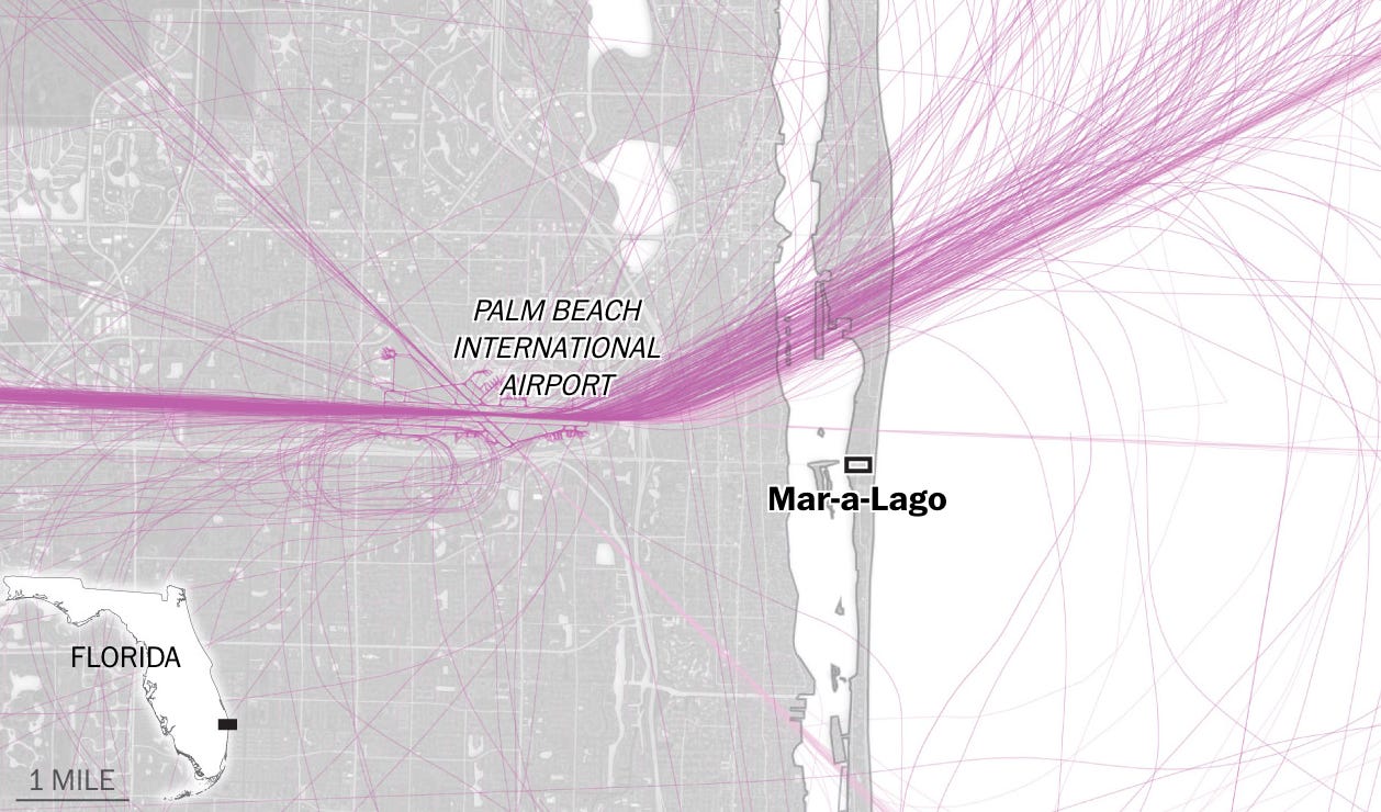 This flight paths map shows planes diverted around Mar-a-Lago on Oct. 29. Source: Flightradar24. (Hannah Dormido/The Washington Post)