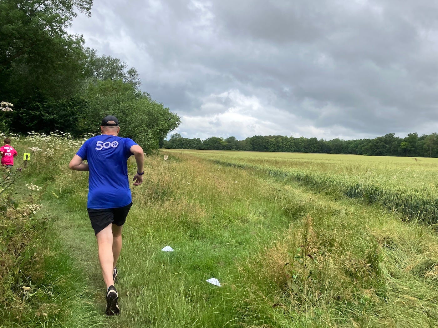 Runners on a grass path past an open field