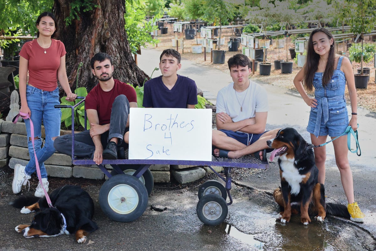 young adults posing with 2 dogs and a sign that says "Brothers 4 Sale"